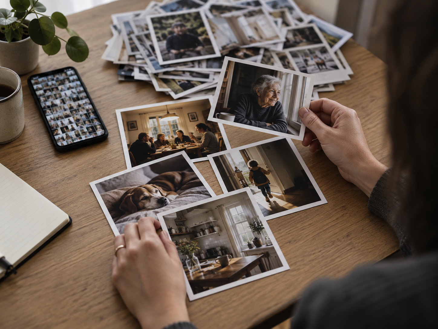 Una persona seleziona fotografie stampate su un tavolo
