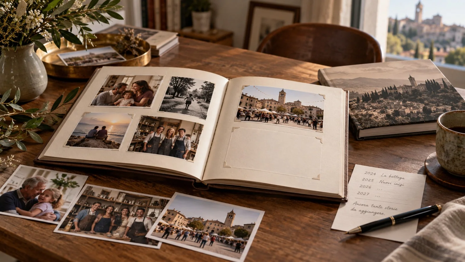 Un album aperto con fotografie stampate e pagine ancora da riempire